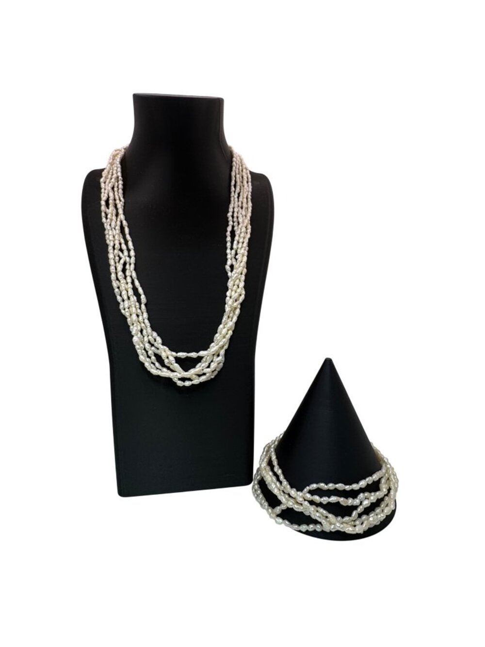 Vtg Multi Strand Necklace Bracelet Pearls Freshwater Rice Kesha Gold Tone Clasp
